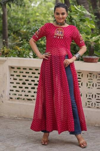 Red georgette readymade navratri anarkali with bandhani & kutchi patchework