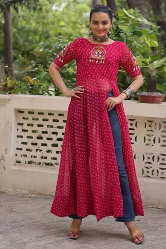 Red georgette readymade navratri anarkali with bandhani & kutchi patchework