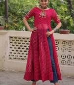 Red georgette readymade navratri anarkali with bandhani & kutchi patchework