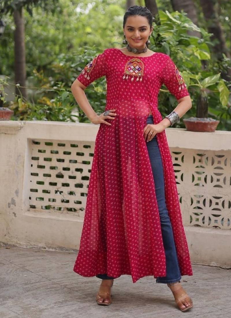 Red georgette readymade navratri anarkali with bandhani & kutchi patchework