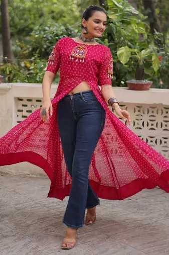 Red georgette readymade navratri anarkali with bandhani & kutchi patchework