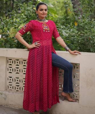 Red georgette readymade navratri anarkali with bandhani & kutchi patchework 3