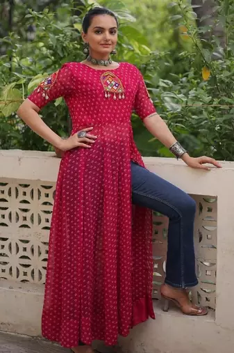 Red georgette readymade navratri anarkali with bandhani & kutchi patchework