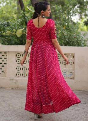Red georgette readymade navratri anarkali with bandhani & kutchi patchework 4