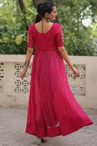 Red georgette readymade navratri anarkali with bandhani & kutchi patchework