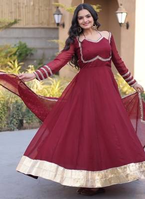 Maroon silk blend readymade anarkali suit with mirror work 1