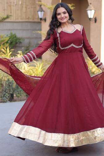 Maroon silk blend readymade anarkali suit with mirror work