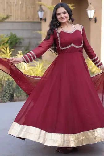 Maroon silk blend readymade anarkali suit with mirror work