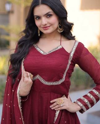 Maroon silk blend readymade anarkali suit with mirror work 2