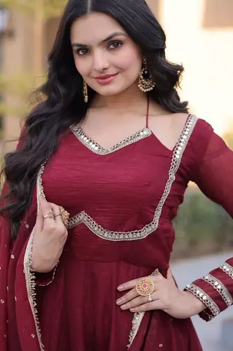 Maroon silk blend readymade anarkali suit with mirror work