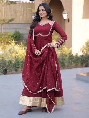 Maroon silk blend readymade anarkali suit with mirror work 3