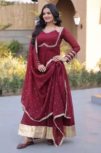 Maroon silk blend readymade anarkali suit with mirror work
