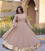 Beige silk blend readymade anarkali suit with mirror work