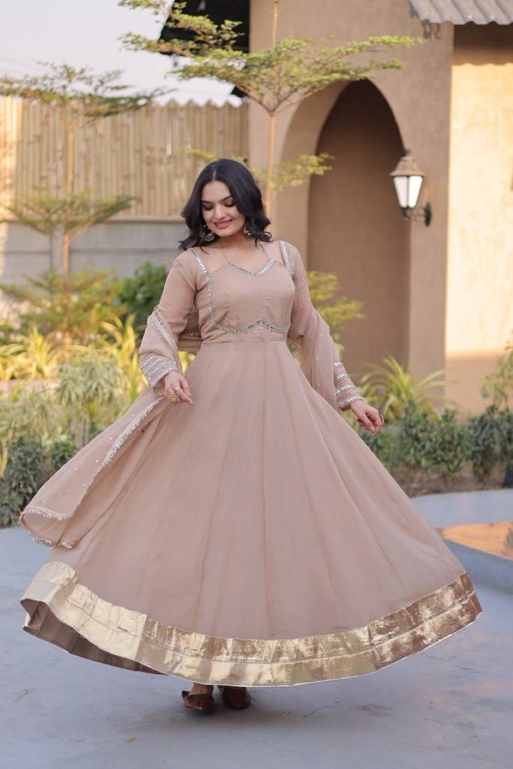 Beige silk blend readymade anarkali suit with mirror work