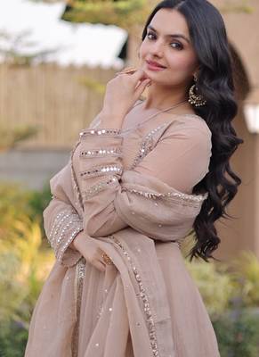 Beige silk blend readymade anarkali suit with mirror work 2