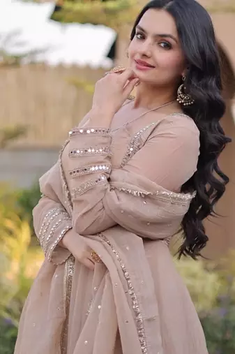 Beige silk blend readymade anarkali suit with mirror work
