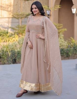 Beige silk blend readymade anarkali suit with mirror work 3