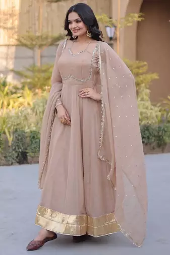 Beige silk blend readymade anarkali suit with mirror work