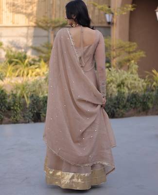 Beige silk blend readymade anarkali suit with mirror work 4