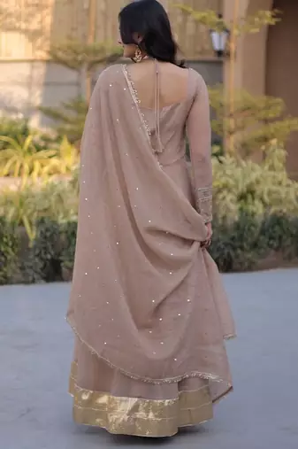 Beige silk blend readymade anarkali suit with mirror work