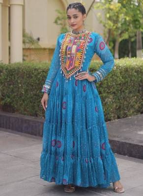 Blue georgette readymade navratri anarkali with bandhani & kutchi patchework 1