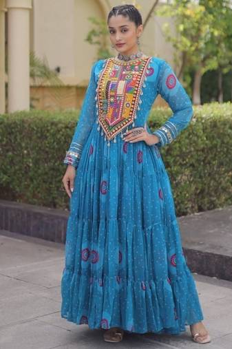 Blue georgette readymade navratri anarkali with bandhani & kutchi patchework