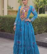 Blue georgette readymade navratri anarkali with bandhani & kutchi patchework