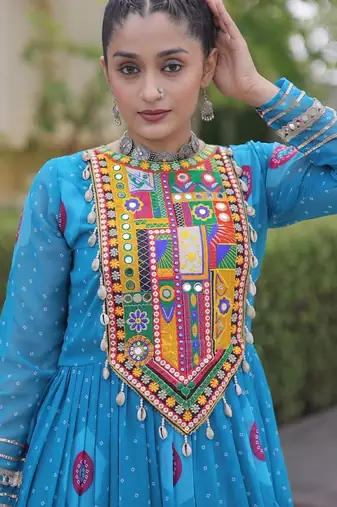 Blue georgette readymade navratri anarkali with bandhani & kutchi patchework