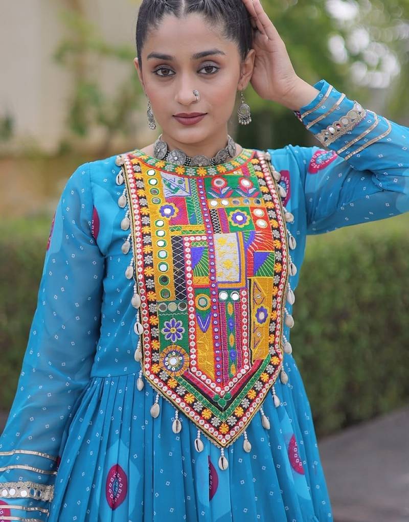 Blue georgette readymade navratri anarkali with bandhani & kutchi patchework