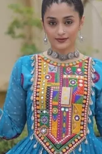 Blue georgette readymade navratri anarkali with bandhani & kutchi patchework