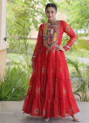 Orange georgette readymade navratri anarkali with bandhani & kutchi patchework 1