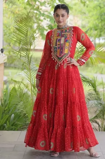 Orange georgette readymade navratri anarkali with bandhani & kutchi patchework