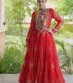 Orange georgette readymade navratri anarkali with bandhani & kutchi patchework