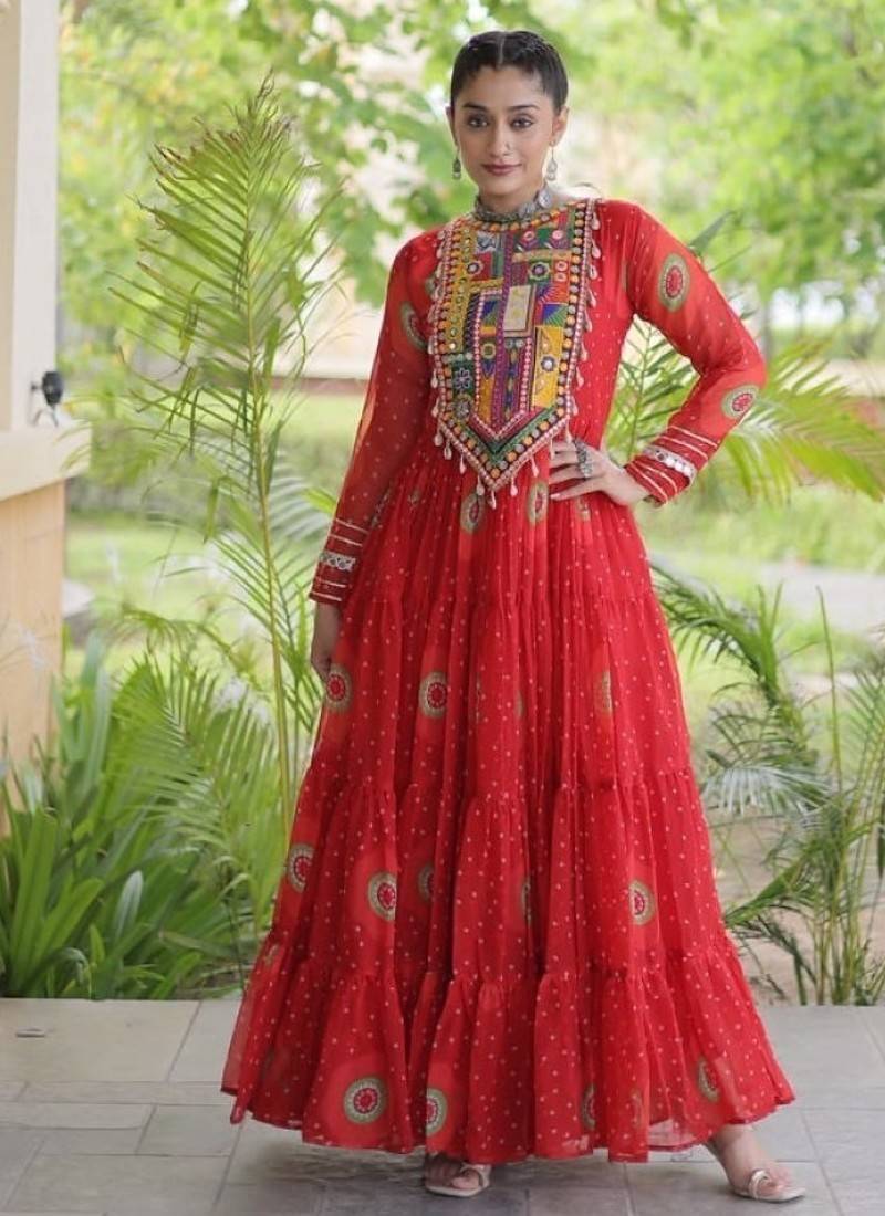 Orange georgette readymade navratri anarkali with bandhani & kutchi patchework