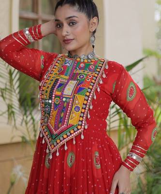 Orange georgette readymade navratri anarkali with bandhani & kutchi patchework 2