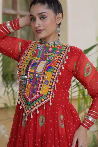 Orange georgette readymade navratri anarkali with bandhani & kutchi patchework