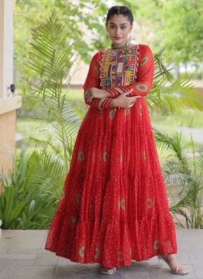 Orange georgette readymade navratri anarkali with bandhani & kutchi patchework 3