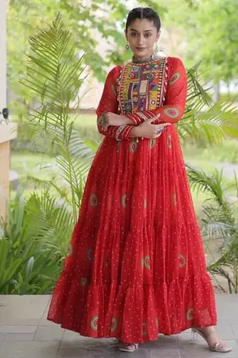 Orange georgette readymade navratri anarkali with bandhani & kutchi patchework