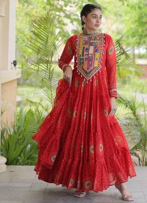Orange georgette readymade navratri anarkali with bandhani & kutchi patchework 4