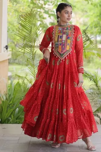 Orange georgette readymade navratri anarkali with bandhani & kutchi patchework