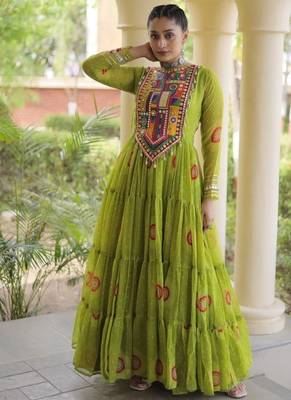 Olive georgette readymade navratri anarkali with bandhani & kutchi patchework 1