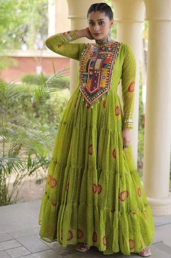 Olive georgette readymade navratri anarkali with bandhani & kutchi patchework