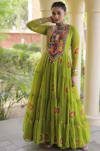Olive georgette readymade navratri anarkali with bandhani & kutchi patchework