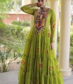 Olive georgette readymade navratri anarkali with bandhani & kutchi patchework