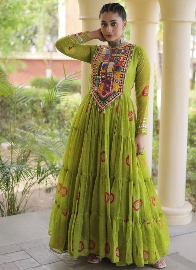 Olive georgette readymade navratri anarkali with bandhani & kutchi patchework
