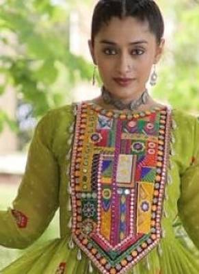 Olive georgette readymade navratri anarkali with bandhani & kutchi patchework 2