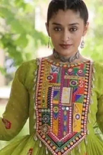 Olive georgette readymade navratri anarkali with bandhani & kutchi patchework
