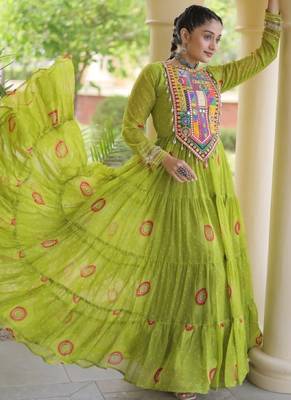 Olive georgette readymade navratri anarkali with bandhani & kutchi patchework 3
