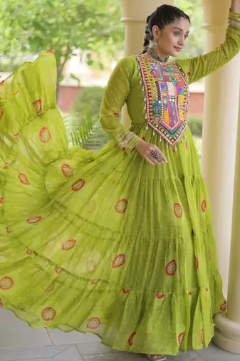Olive georgette readymade navratri anarkali with bandhani & kutchi patchework