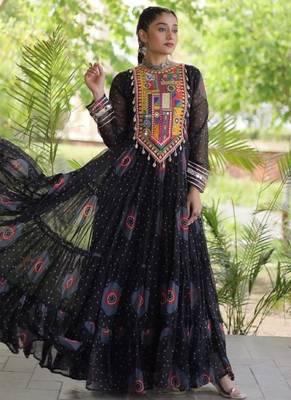 Black georgette readymade navratri anarkali with bandhani & kutchi patchework 1